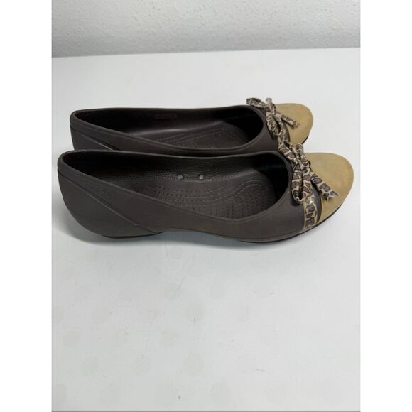 Crocs Kadee Leopard Print Bow Cap Toe Slip On Brown Gold Ballet Flats Womens 6 - Picture 6 of 10